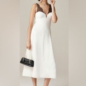 J. Crew Elegant White Midi Dress with Black Lace Accents